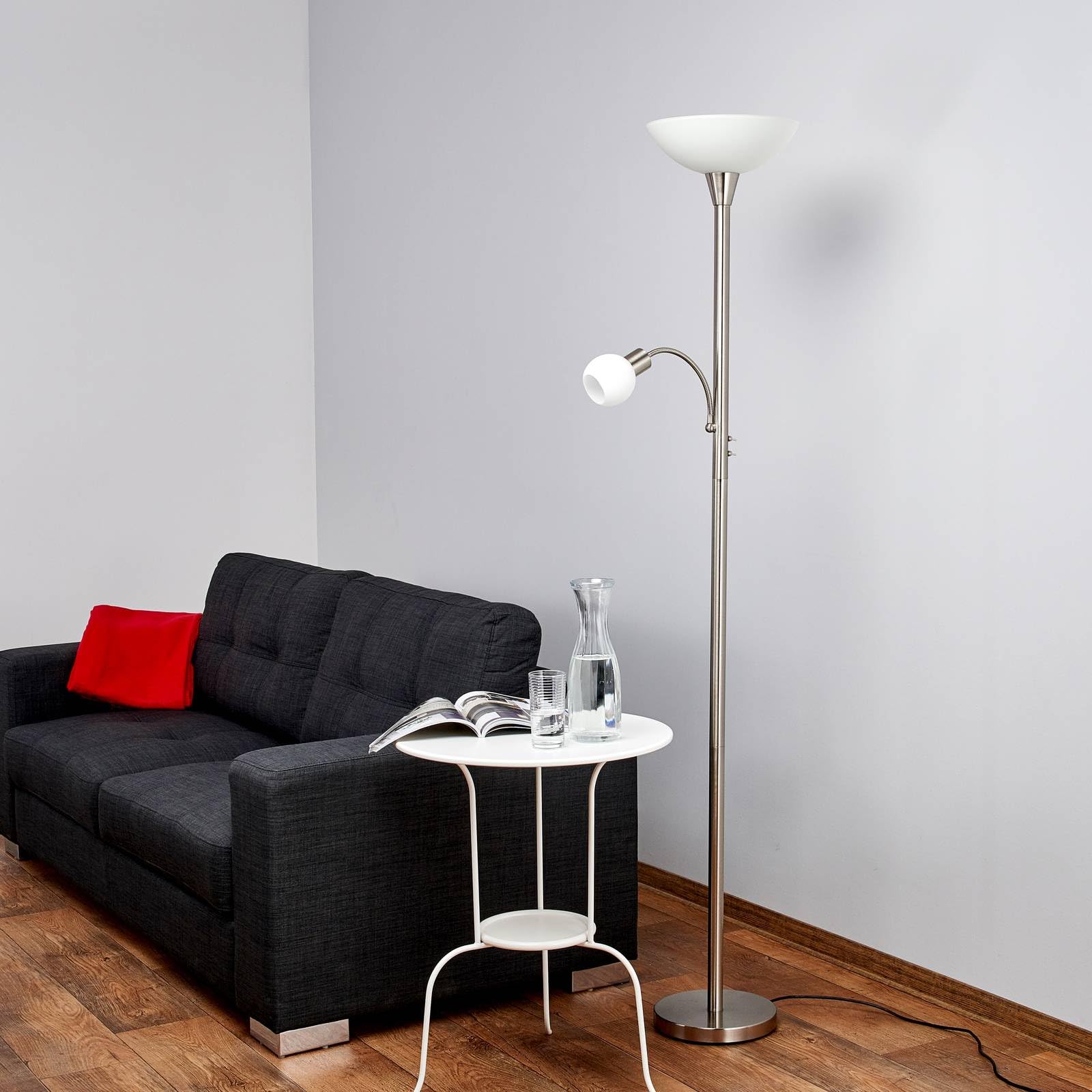Lindby Stehlampe, Deckenfluter verstellbarer Lesearm Standleuchte Glas Metall 1x E27 max. 15W und E14 10W ohne Leuchtmittel Standlampe