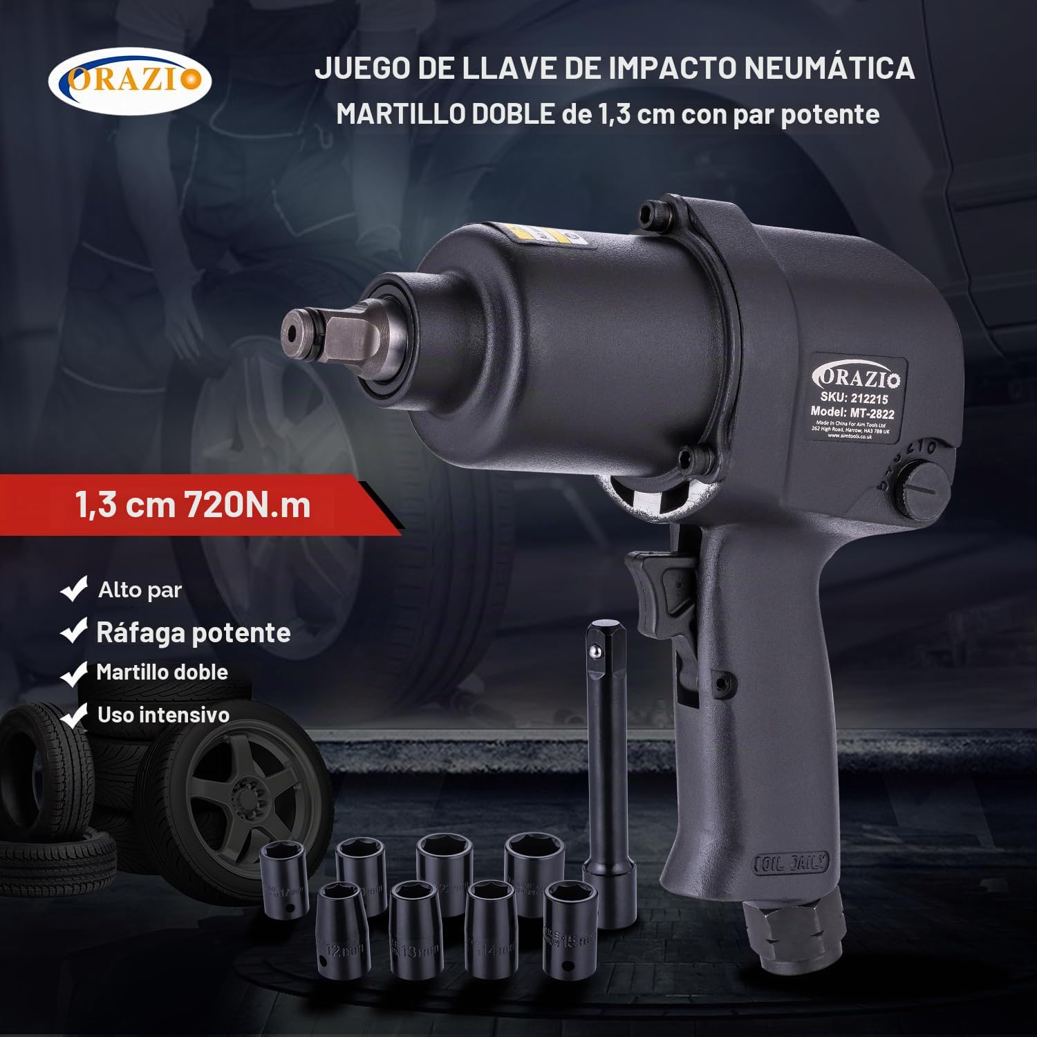 ORAZIO Juego de Llave de Impacto Neumática 1/2" 720 N.M con 8 Vasos de 12-24 mm Profesional Pistola Impacto Neumatica para Garaje Coche Camión de Pernos Rueda Instalación Extracción