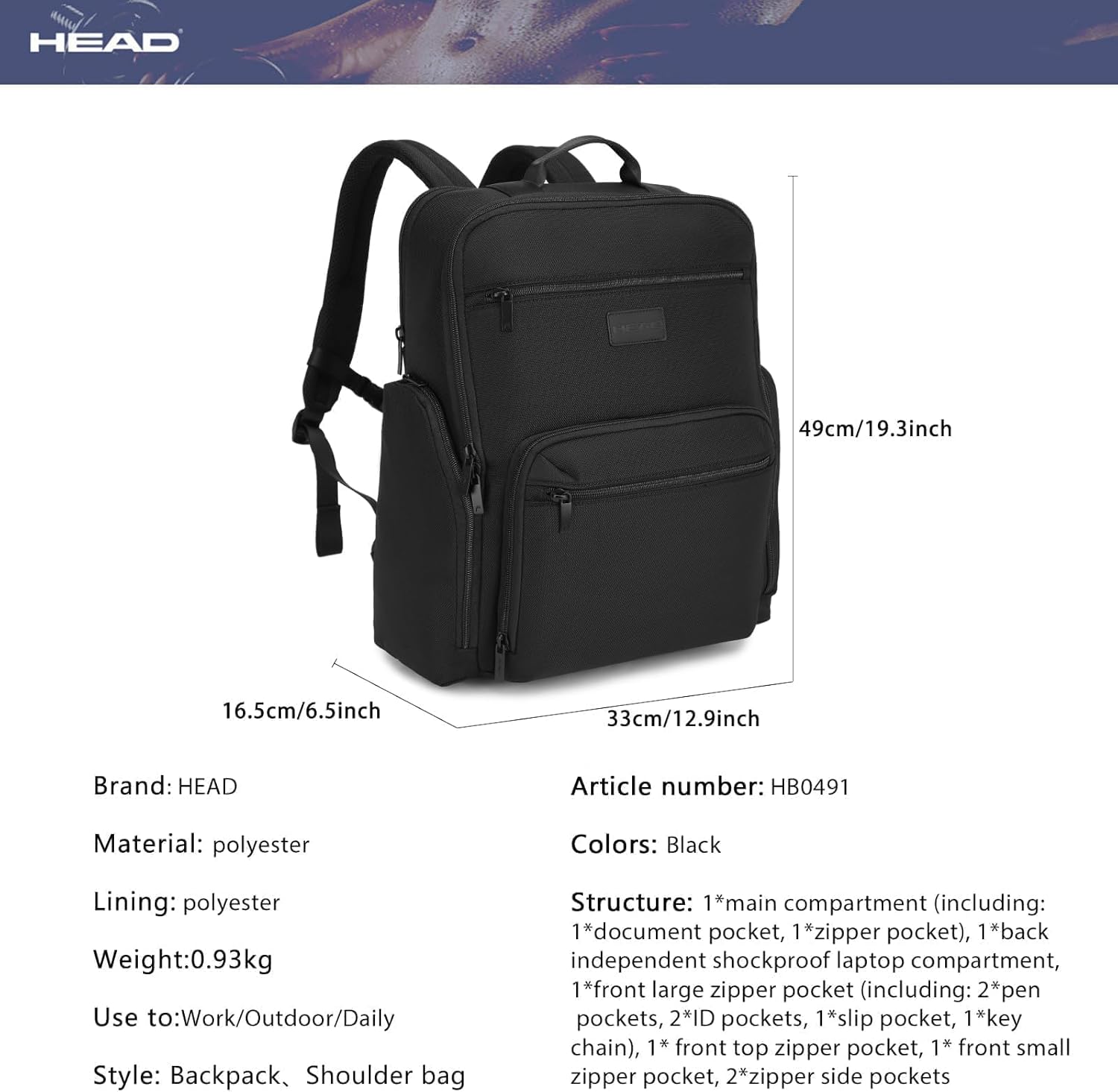 HEAD Large Laptop Backpack for Men with Trolley Sleeve, Travel Backpacks Fits 17.3 inch Laptop, Waterproof Business Laptop Bags for Work/Commute/College/Daily, Black