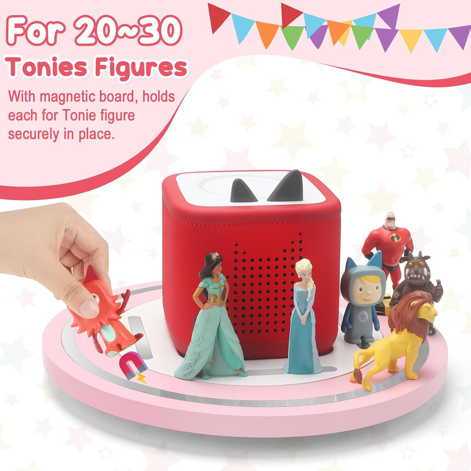 360° Round Turntable for ToniesBox 2 Storage Shelf Magnetic Organizer for Tonies Figures, with Charging Cable Connection Port, Display Collection for 20~30 Tonies Characters (Pink)