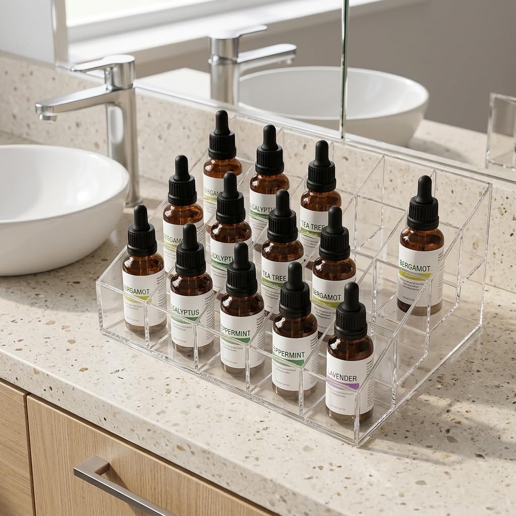 24Slots Essential Oil Holder，Plastics Essential Oil Storage,for Bottles Perfumes and Nail Polish Shelf，Essential Oil Organizer,Makeup Storage Rack