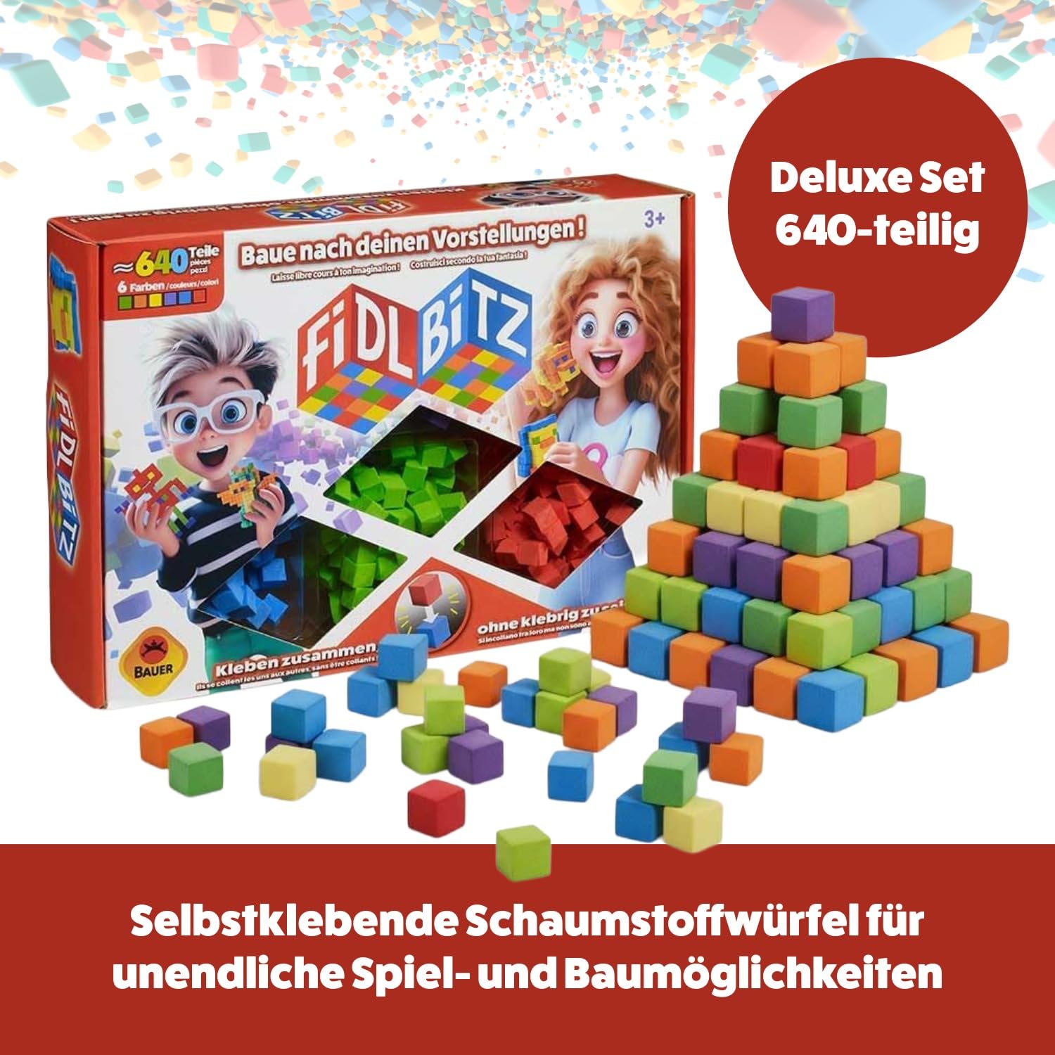 Bauer FIDL BITZ – 320 Cubes Autocollants En Mousse – Jouet Créatif 3 Ans+ – Flottent Et Craquent