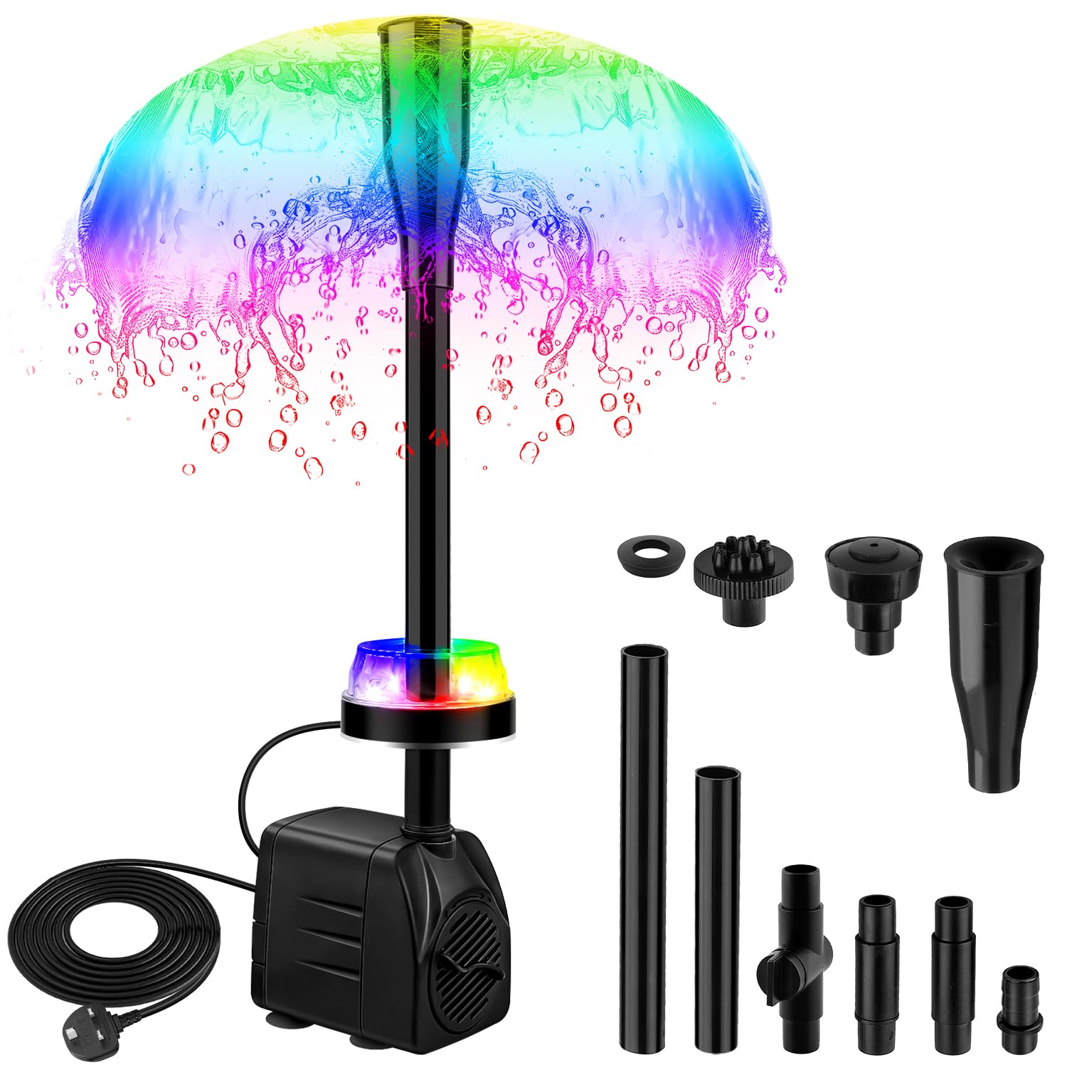 NATPOW Submersible Water Pump, 800L/H Mini Fountain Pump with RGB LED Lights Ultra-Quiet, 3M Cable Pond Pump with 4 Nozzles for Water Feature, Aquarium Fish Tank, Outdoor Fountain