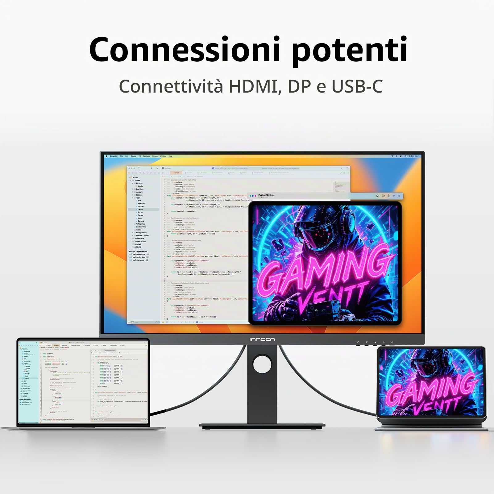 INNOCN Schermo per computer 4K 27" UHD 3840x2160 LCD IPS, HDR400, USB C 65W, DP, HDMI, monitor PC per computer portatile Mac, colori 1.07B+, altoparlanti integrati, supporto girevole/regolabile in