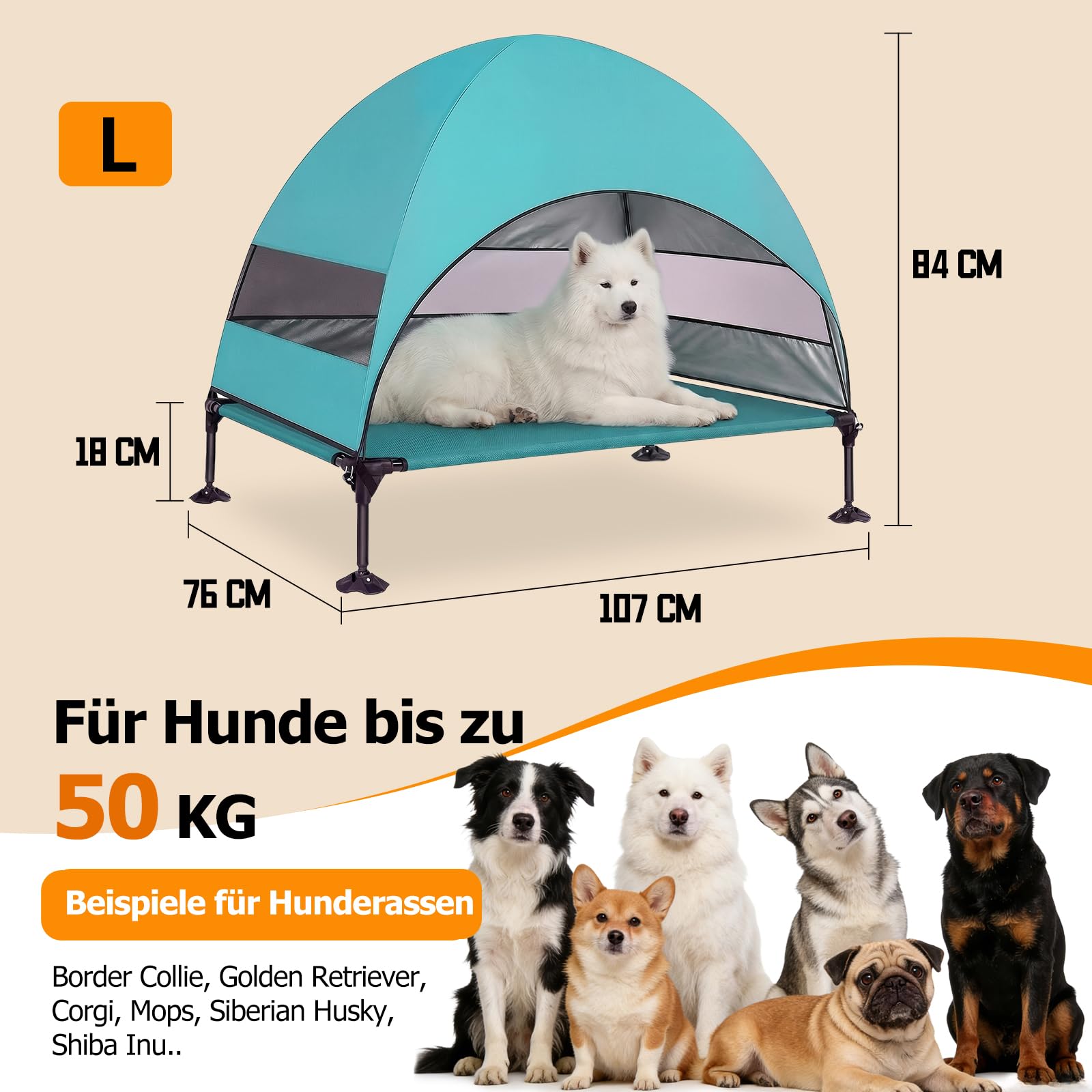 Cuccia rialzata per cani per esterni, con tetto resistente ai raggi UV, pieghevole con piedini antiscivolo, tenda per cani con grande ombra, letto rinfrescante per cani, per campeggio, giardino (acqua
