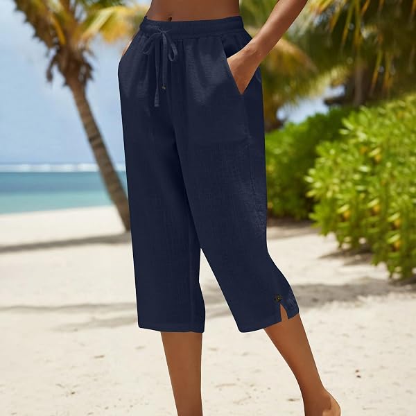 Pantacourt Femme Été Pantalon 3/4 en Coton et Lin Pantalon de Jogging Léger avec Poches Taille Élastique avec Cordon Bouton à la Cheville Pantalon de Sport Décontracté pour Yoga Randonnée - 2