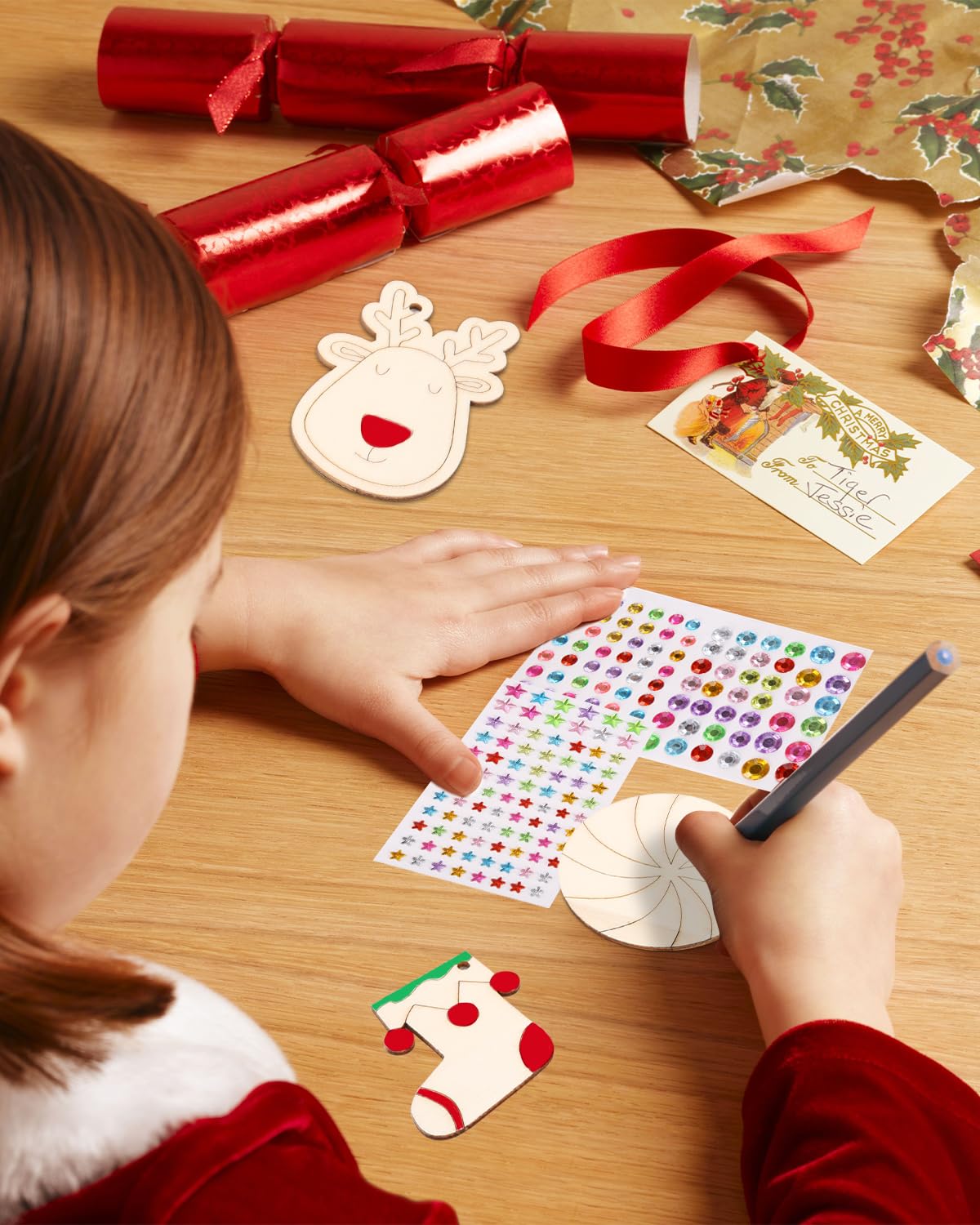 410 Piezas de Madera Pintadas de Navidad Colgantes de árboles de Navidad de Madera, Decoración de árboles de Navidad