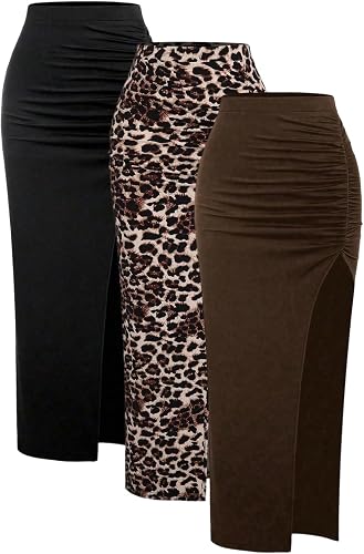 MakeMeChic Women's 3 Pack Cheetah Print Maxi Skirt Ruched Split Going Out Skirts