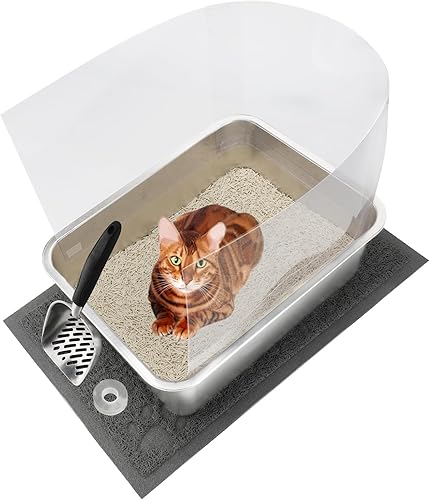 YUEPET 1 juego de caja de arena para gatos de acero inoxidable con lados altos, bandeja de arena de metal duradera para gatos, bandeja de arena para