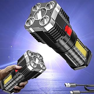 Five-Nuclear Explosion LED Flashlight Strong Light Rechargeable Super Bright, Waterproof Power Failure Light and Work Light - Emergency Flashlight for Power Outages and Hurricanes (Silver)
