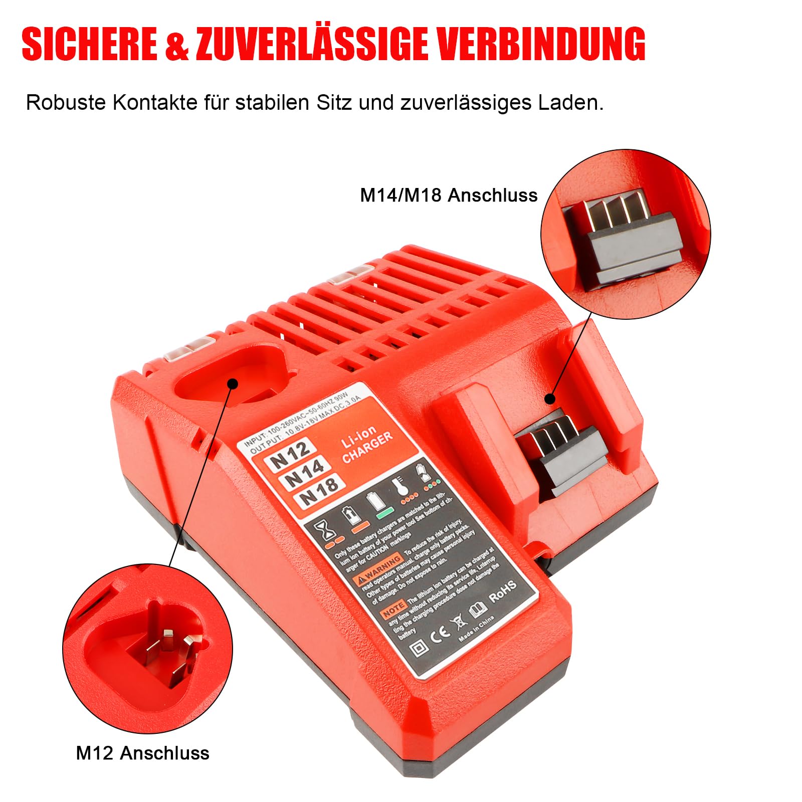 Waitley M12 M18 Ladegerät für Milwaukee 12V 18V Li-Ion Akku mit LED | Für Milwaukee 12V und 18V Li-Ion Akkus geeignet. Unterstützt verschiedene Akku-Modelle der M12- und M18-Serie