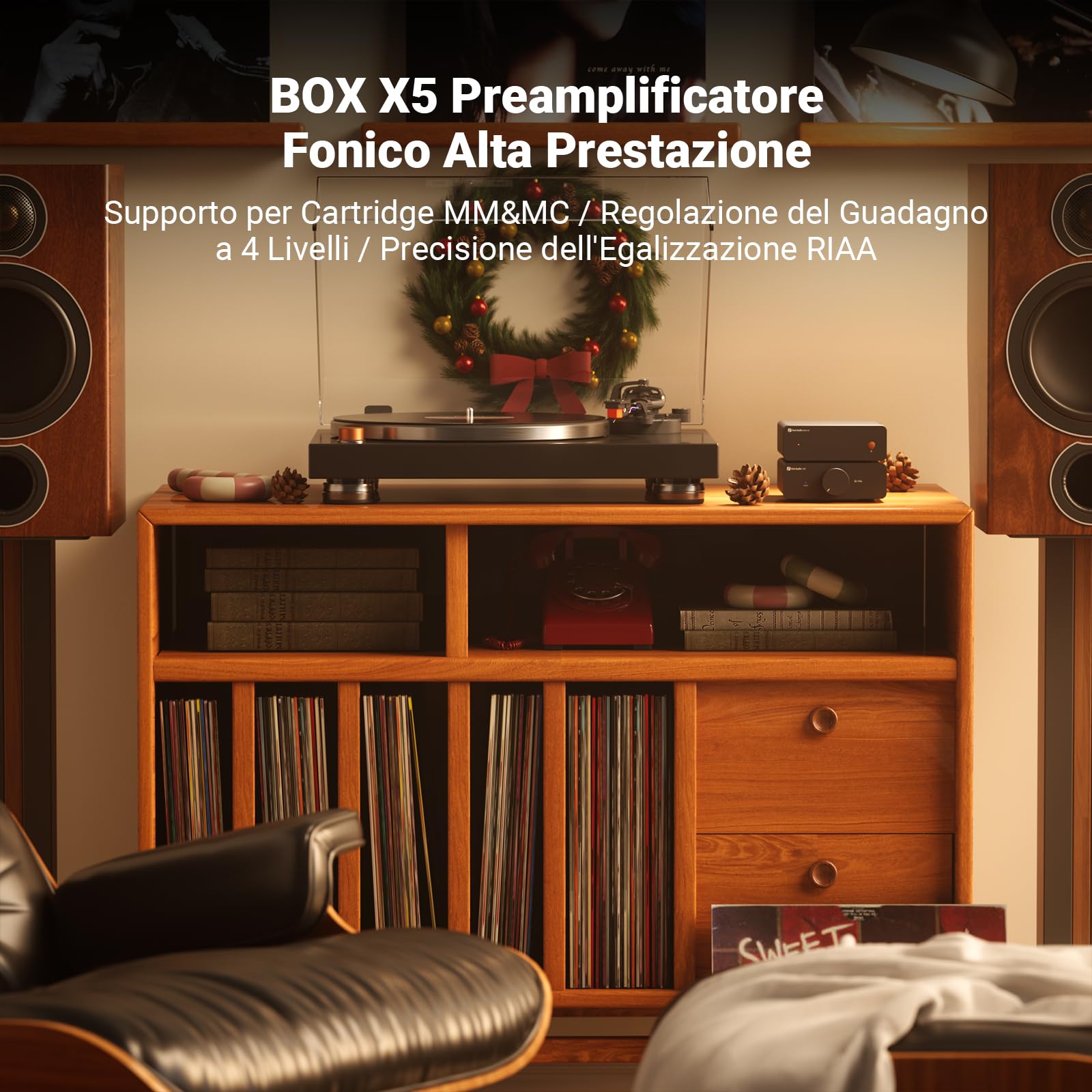 Fosi Audio BOX X5 Preamplificatore Fono, Amplificatore per Giradischi MM e MC, Guadagno Regolabile 38/48/56/66 dB, Uscita RCA