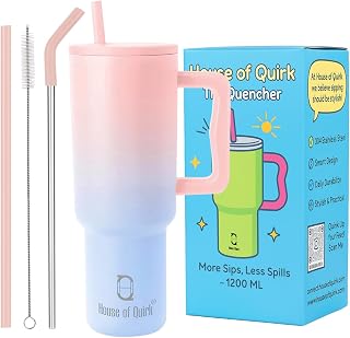 House of Quirk 1200ML Stainless Steel Tumbler with Handle & Lid, 2 Straws Large Travel Mug Water Cup for Gym, Office & Outdoor Use (Cotton Candy Haze)