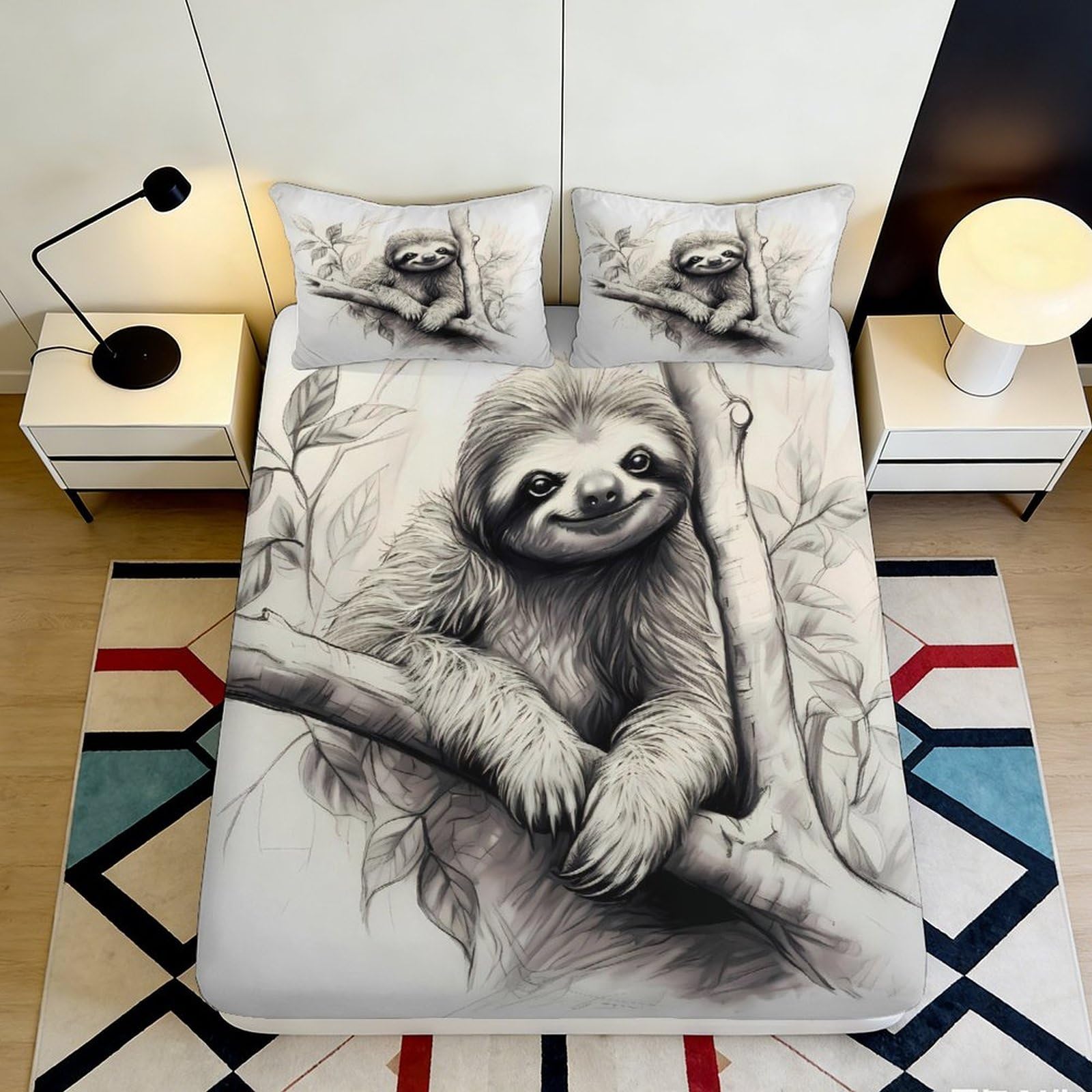 3D Printed Sloth Fitted Sheet Microfiber Soft Breathable Tree Branch Bed Cover for Bedroom Dormitory Guest Room Mattress Protection Decor 90x200x25cm