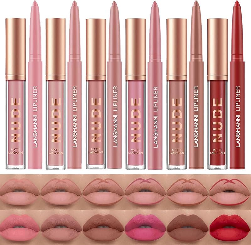 LANGMANNI 6 Matte Lipstick with 6 Lipliners Durable Makeup Set,Long-Lasting Non-Stick Cup Not Fade Waterproof Pigmented Velvet Lipgloss Kit Beauty Cosmetics Makeup Gift for Girls (#B)