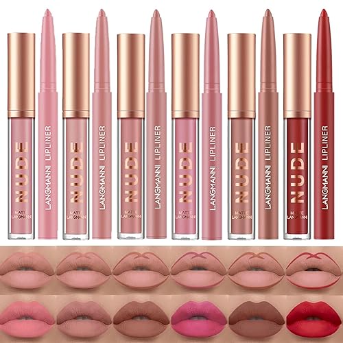 LANGMANNI Juego de 6 lápices labiales mate con 6 delineadores de labios, juego de maquillaje duradero, tazas antiadherentes de larga duración que no
