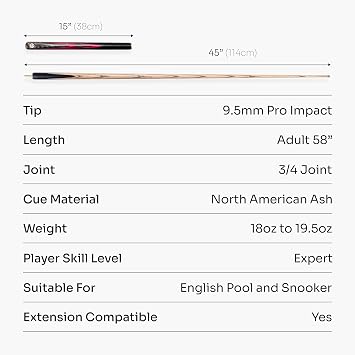 EMPEROR 58 Inch ¾ Joint Hand Spliced Luxury Snooker and Pool Cue with 9.5mm Pro Impact Hybrid Tip and Superior Ash Grain Shaft
