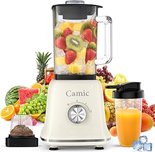 Camic Standmixer 1200W Hochleistungsmixer 3-in-1 mit 1,6L Glasbehälter Mixer & 400ml Reisebecher & 200ml Mahlbecher, Abnehmbare Klinge, Impuls/2 Geschwindigkeiten Blender für Smoothies Shakes Getränke