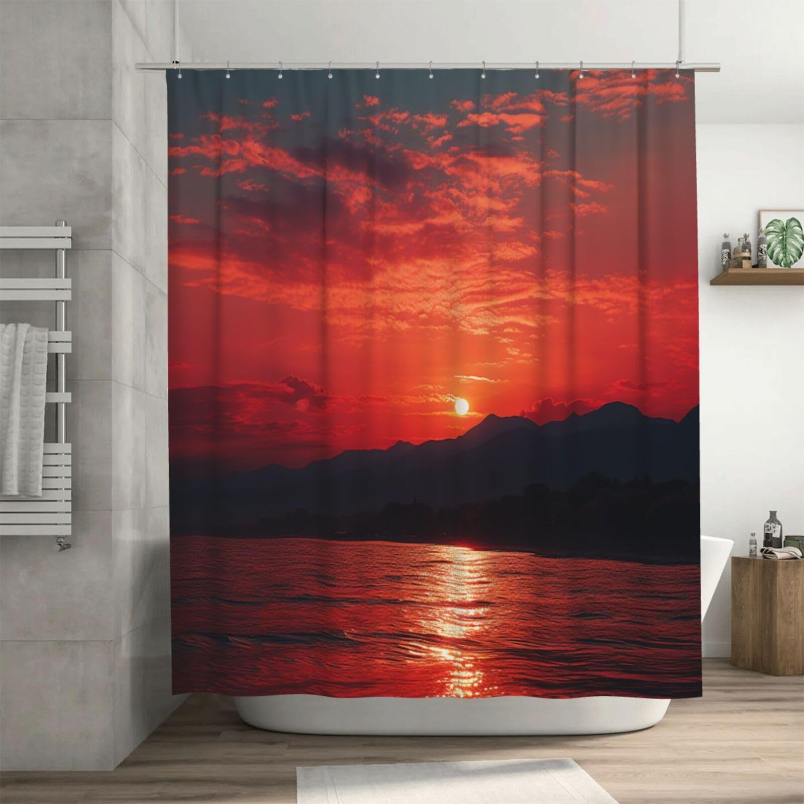 Rideau de douche imperméable épais 182x182 cm avec 12 crochets motif coucher de soleil rouge