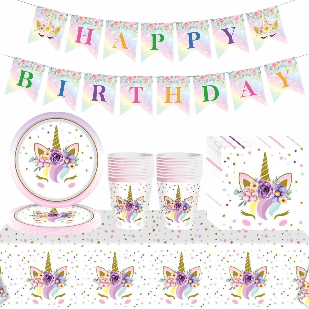 54Pcs Unicorn Girls Party Tableware Decorations for Girls Birthday Cartoon Decorations for Table Cloth,7inch Paper Plates,Banner,Paper Napkins for Kids Unicorn Cartoon Theme Table Party Favor