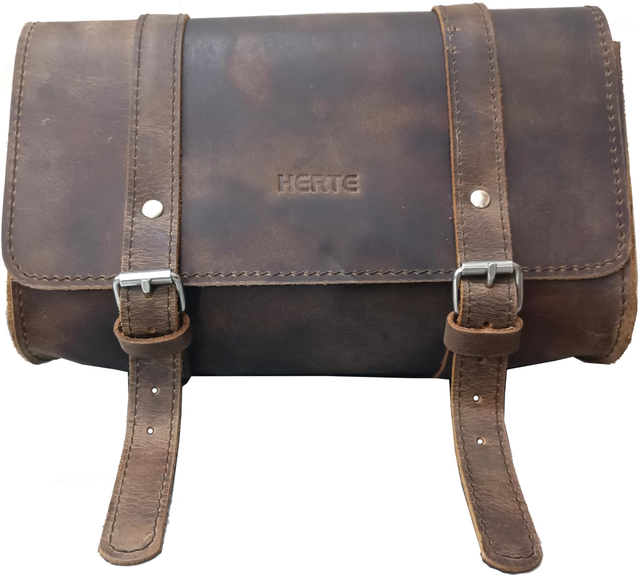 HERTE Motorcycle Leather bag 2 Strap Buckle Closure Tool Bag Quick Release saddle pouch Handlebars Forks Sissy Bar 10" Vintage retro (Brown)