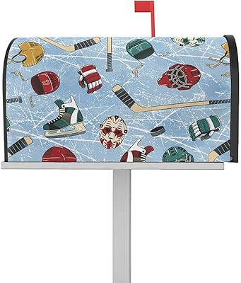 Magnetic Mailbox Cover Sport Hockey Ball Cap Elements Blue Abstract Vintage Pattern Standard Size Removable Post Letter Box Cover Waterproof Garden Yard Outdoor Decoration