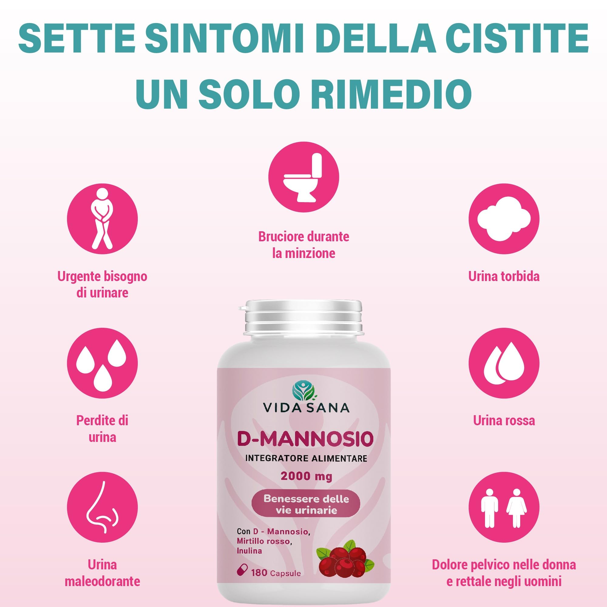 D-Mannosio Puro 2200 mg con Mirtillo Rosso – 180 Capsule | Integratore Donna e uomo per Vie Urinarie e Cistite | Supporto contro Candida e Infezioni Urinarie