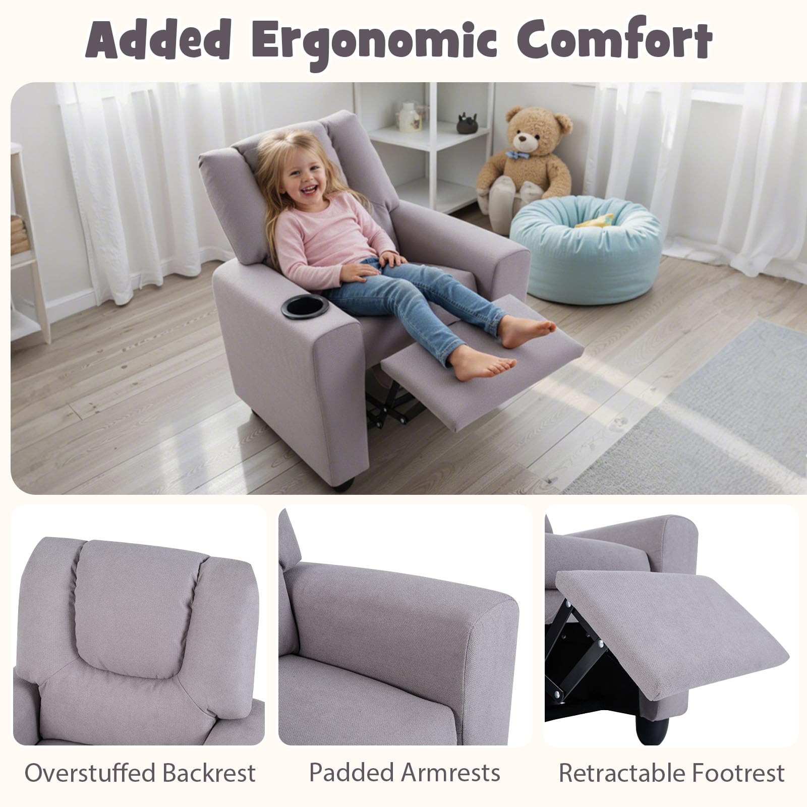 LIFEZEAL 2 en 1 Fauteuil Inclinable pour Enfants, Fauteuil pour 3 +Ans Garçons et Filles avec Repose-Pieds réglable et Porte-gobelet, Petit Canapé pour Chambres d'enfants, Salles de Jeux (Gris)
