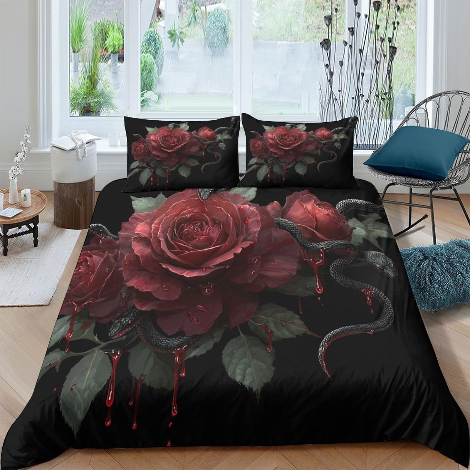 Ctjqhvkz Style-2 3D Printed Dark Red Rose Fitted Sheet Microfiber Slip-Resistant Gothic Black Snake Mattress Cover For Bedroom Guest Room Decor Single（135X200cm）