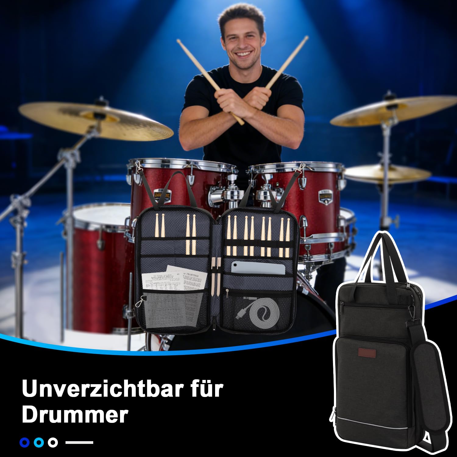 Drumsticktasche mit Aufhängehaken, Drumstick-Bag mit verstellbarem Schultergurt, Schlägelhalter für Drumsticks, Besen und Notenblätter, für Drummer und Anfänger bei Gig, Übung und Probe, nur Tasche