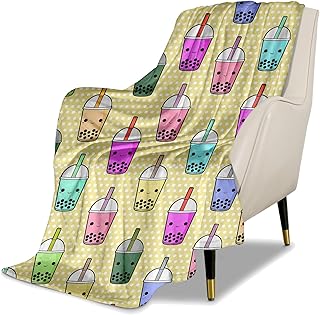 Kids Cute Boba Tea Cartoon Throw Blanket for Boys and Girls 50"X40" Blanket with Bubble Tea on It Suitable for All Season
