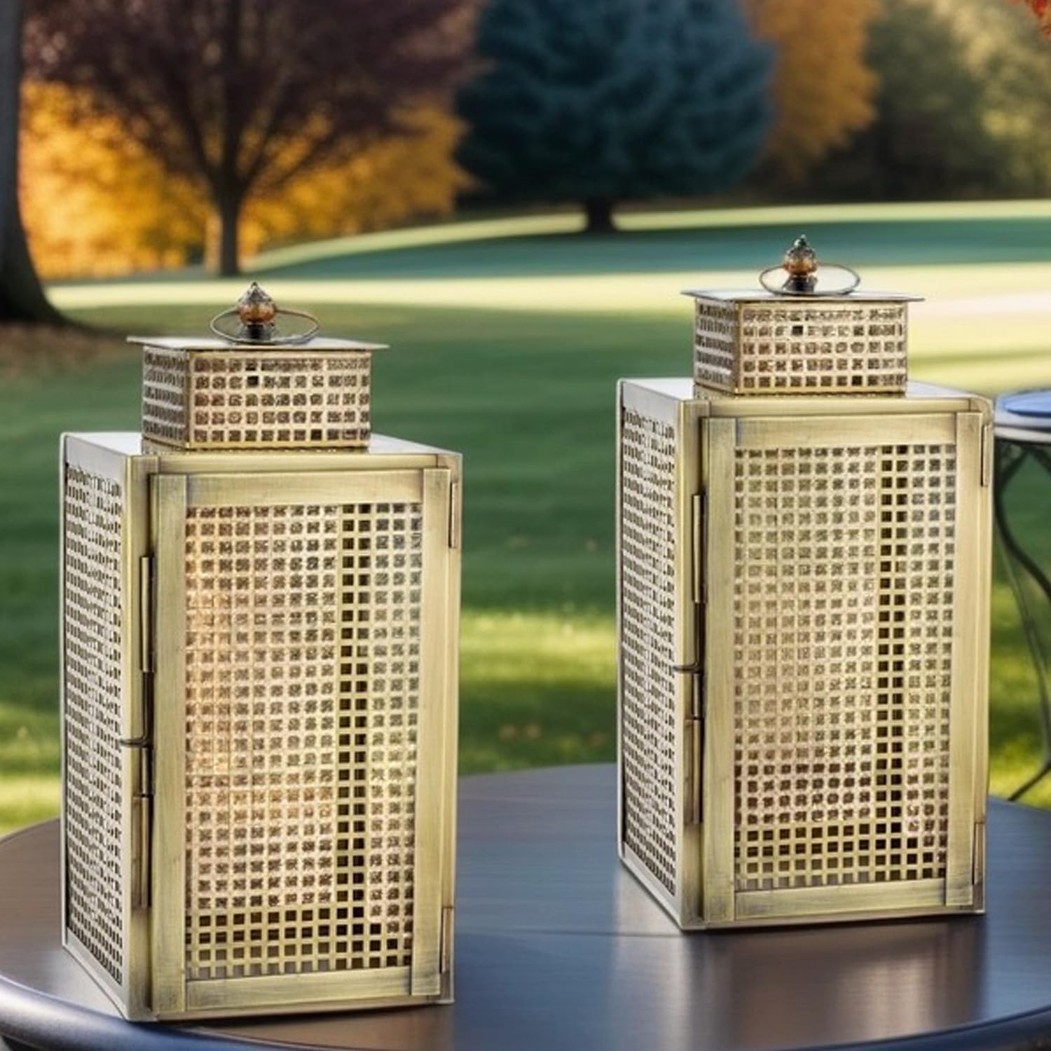 2er Set Vintage Gartenwindlicht Gjola aus Metall Gold 31 cm Wohndeko