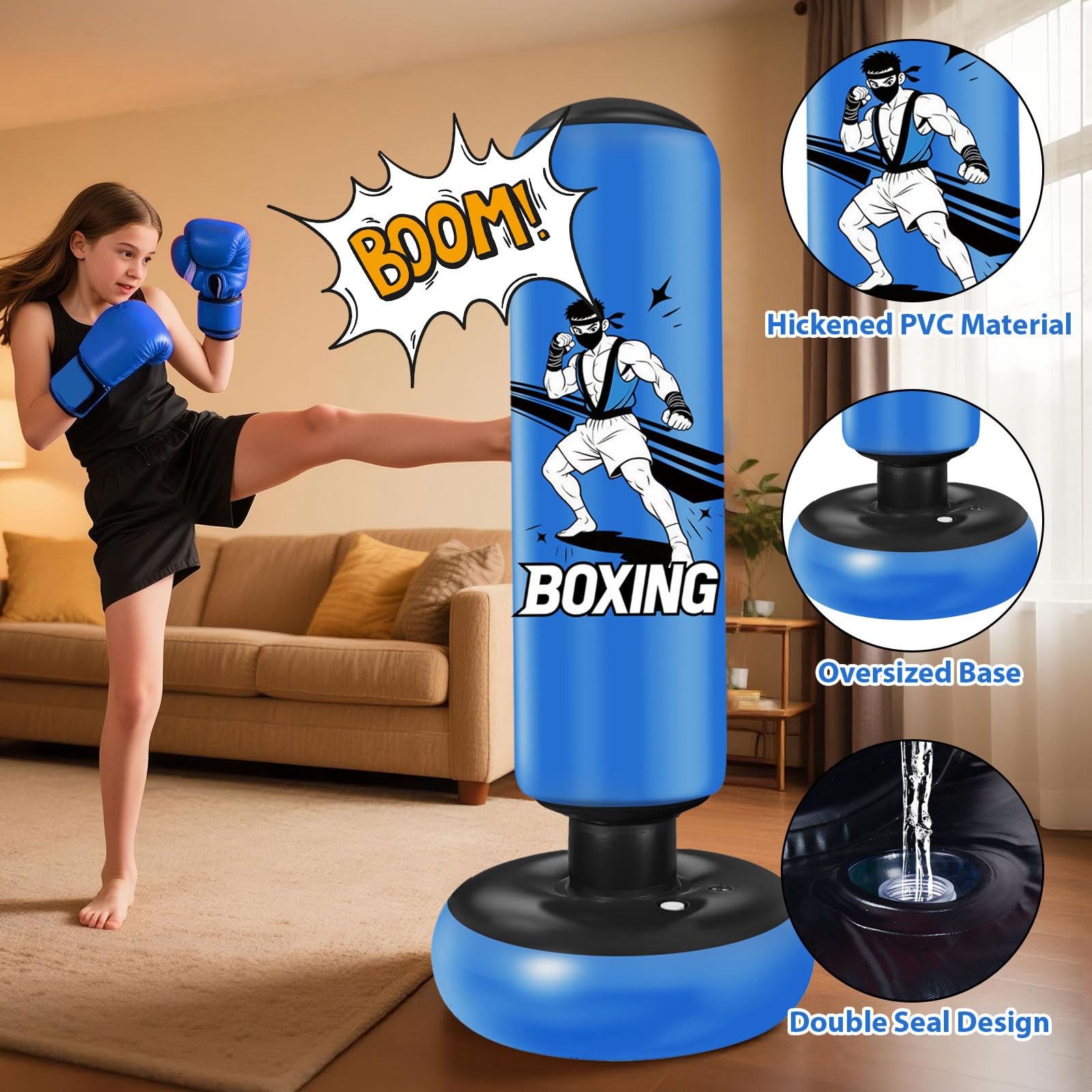 Sac de Frappe Enfant, Qoosea 168cm Punching Ball Enfants avec Gants de Boxe, Gonflable Sac de Boxe, Cadeau Parfait pour Garçons et Filles 3 à 14 Ans pour Karaté, Taekwondo