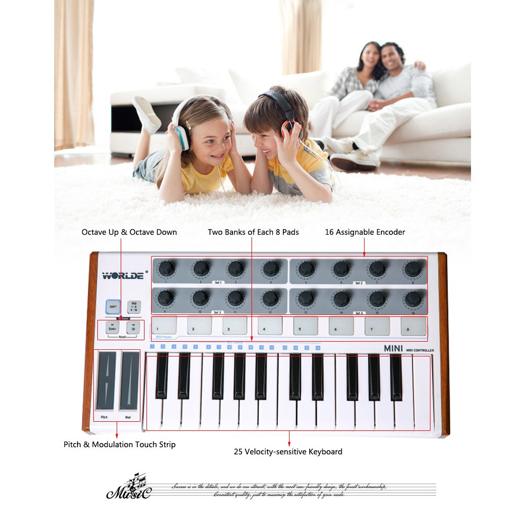 Teclado USB de 25 teclas, ultra mini almohadilla de batería MIDI USB profesional de 25 teclas y controlador de teclado