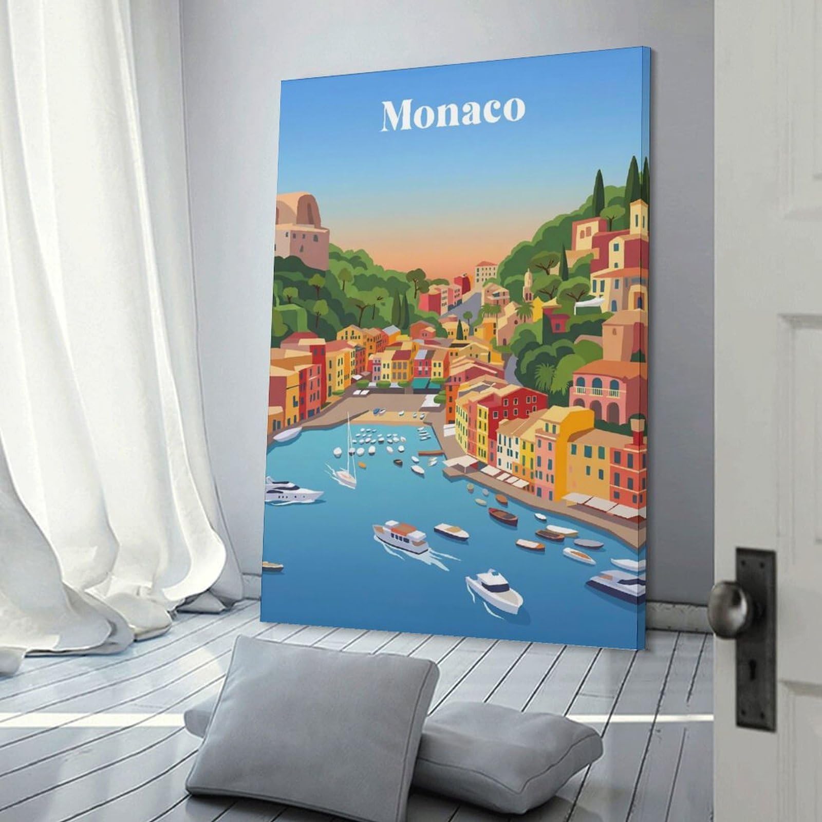 Junmoney Frame-Style-11-1 Monaco Coastal Town Room Decor Wall Art 20X30inch(50X75cm), For Entrance Walls, Hall Decor Or Foyers, A Neat Decor Update For Hallways