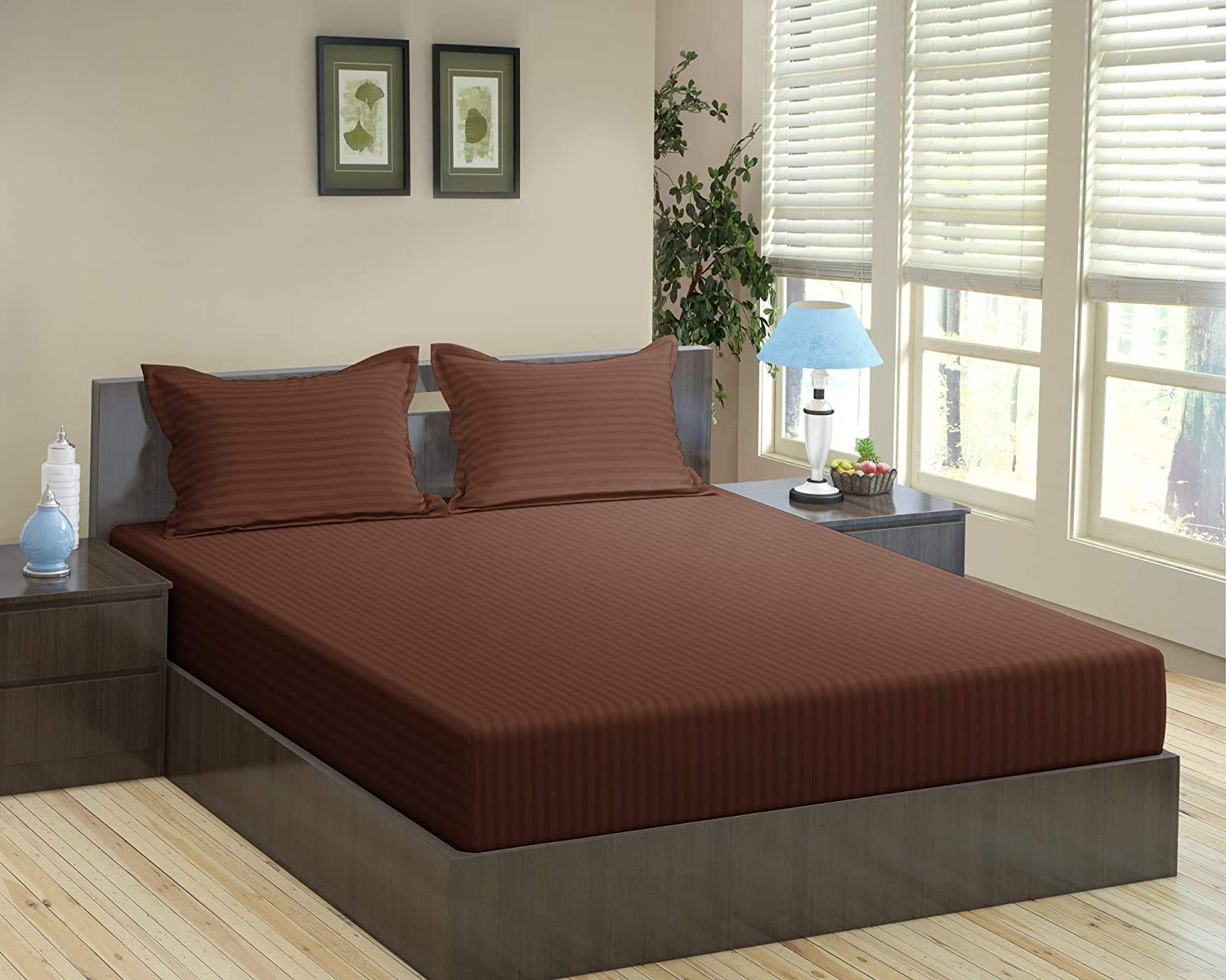 Innovative edge Cotton Blend Plain Stripe King Size Elastic Fitted Bedsheets with 2 Pillow Covers-picture-22