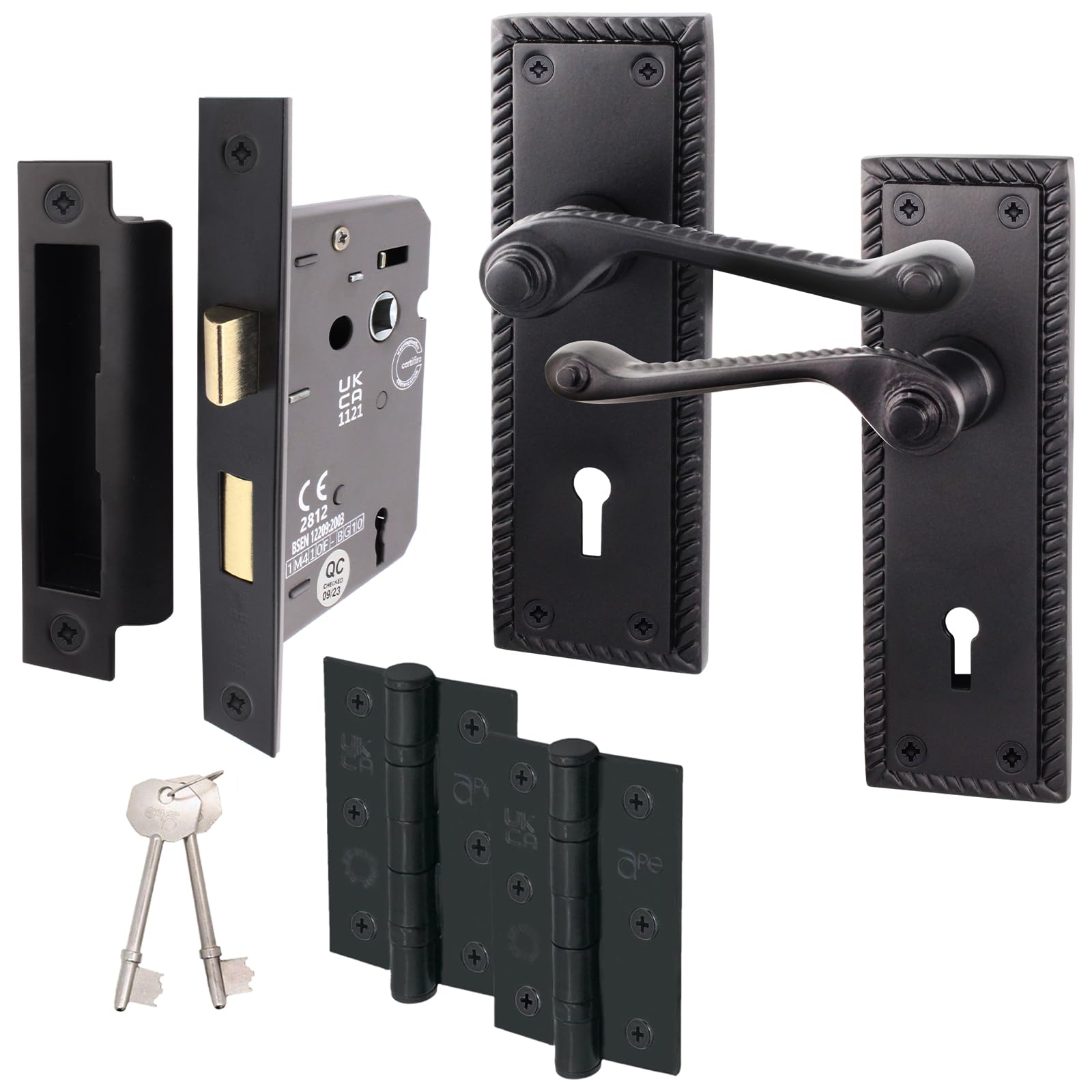 Eai Matt Black Georgian Scroll Door Handle Key Lock Set - 1 Pair Internal Handles, Hinges, Lock (64Mm) & Keys - Rope Design