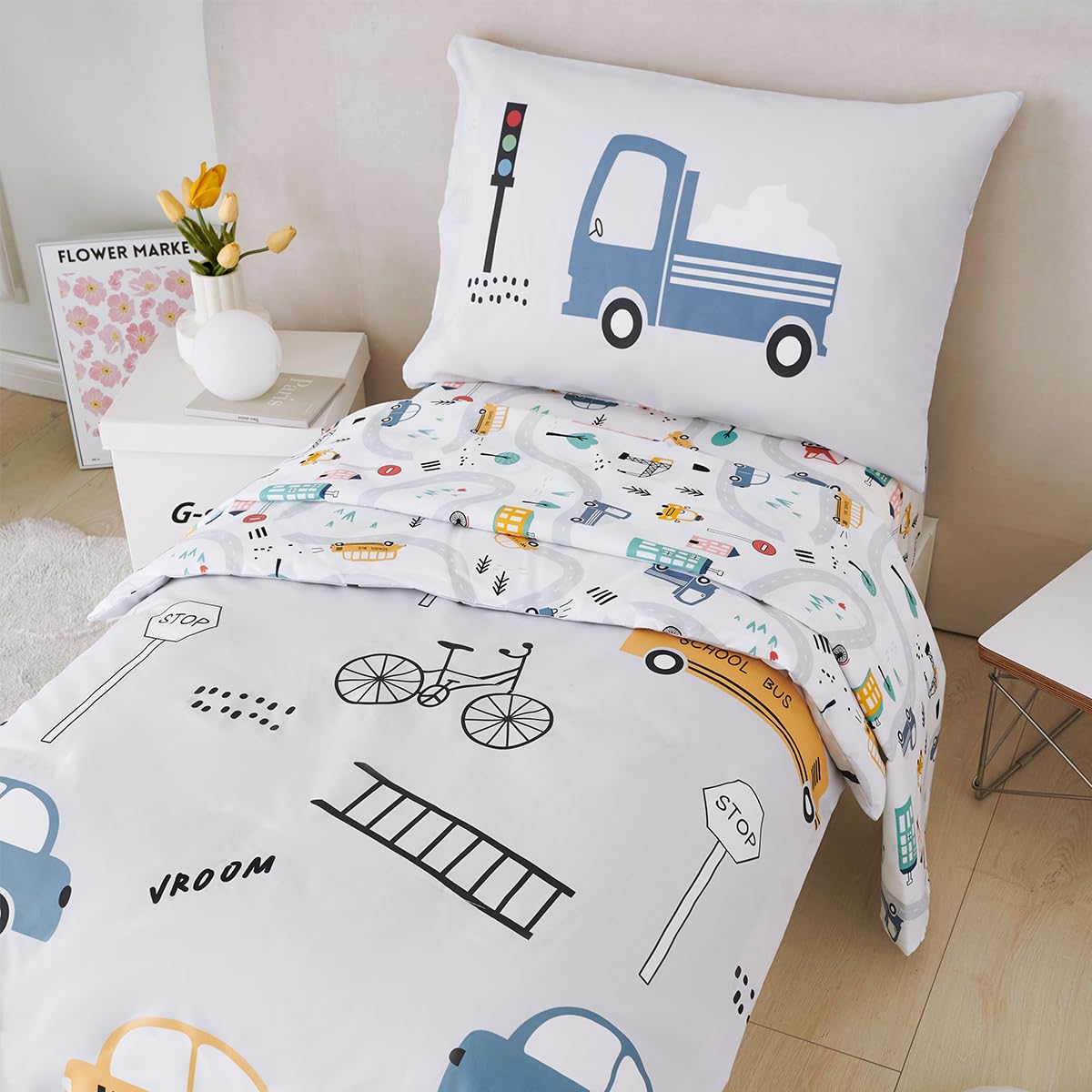 STYHO Duvet Cover Sets Double Reversible Light Grey Taxi Cars Bedding Ultra Soft Microfiber Vehicles Kids Duvet Bedding Set for All Season(Light Grey - Image 3