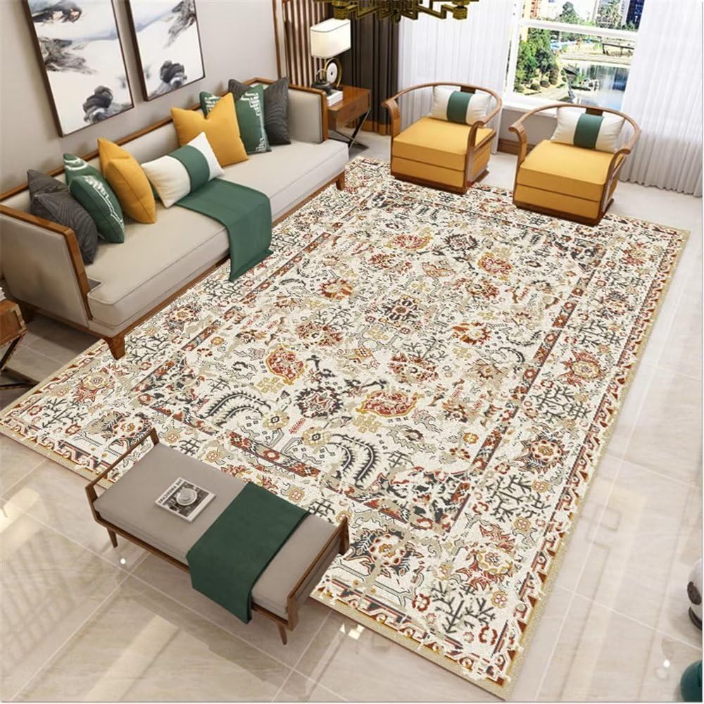 Tapis de grand salon beige vintage 180x280 cm lavable et doux