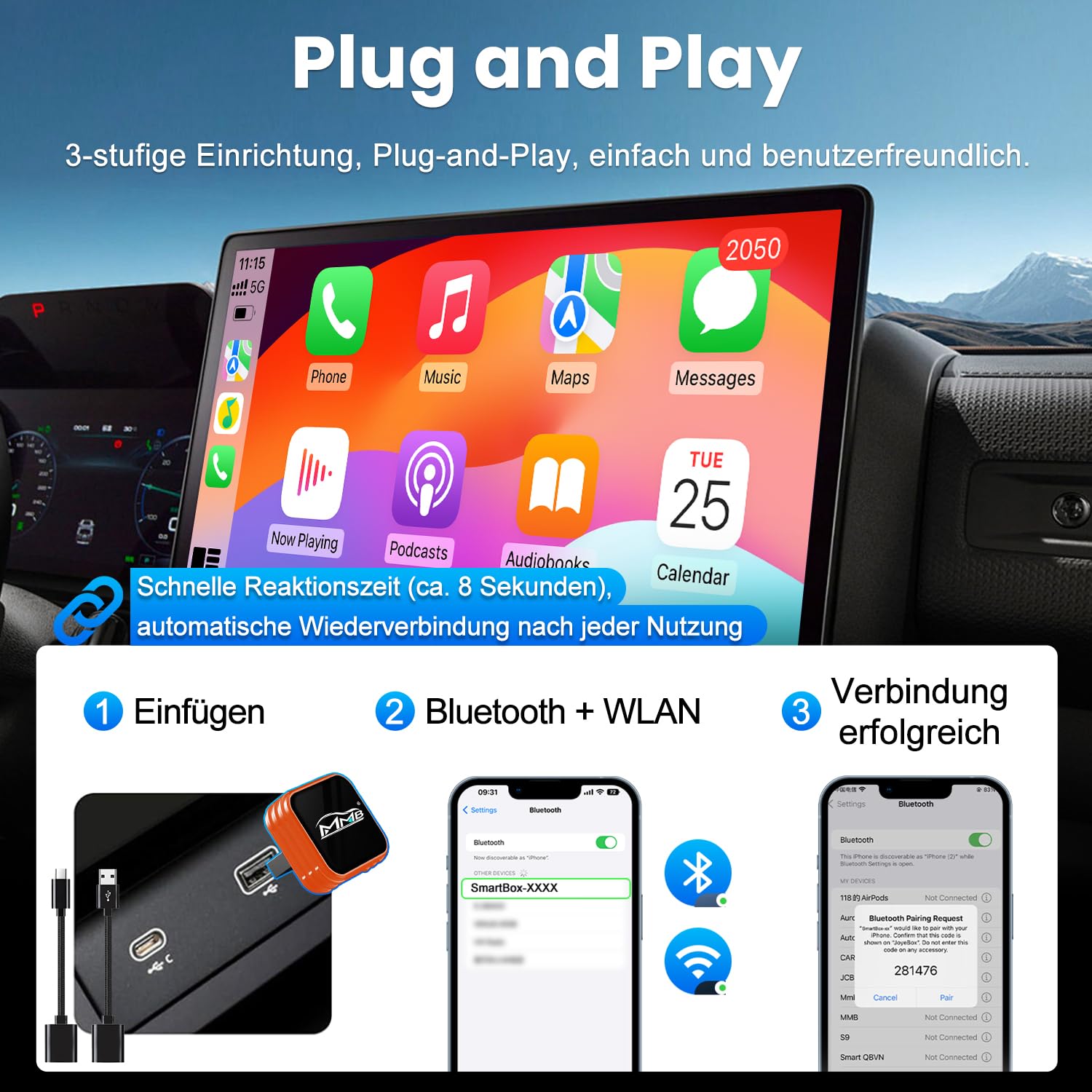 MMB Wireless CarPlay Adapter, kabelgebundenes Mühelos In kabelloses CarPlay um,Geeignet Für Fahrzeuge Mit CarPlay, kompatibel mit iPhone iOS 10+ und Android Auto, Mini & Stabiler Adapter (orange)