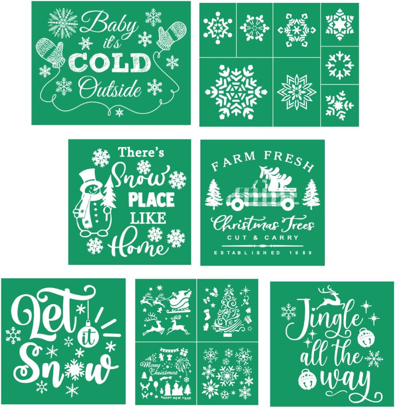 DGAGA 7PCS Christmas Silk Screen Stencils Reusable Self Adhesive Christmas Tree Chalk Mesh Stencils Silkscreen Pattern Stencil for Winter Decoration, DIY Home and Wood Signs
