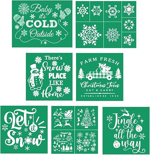 7 plantillas de pantalla de seda de Navidad, reutilizables, autoadhesivas, para árbol de Navidad, plantillas de malla de tiza para decoración de