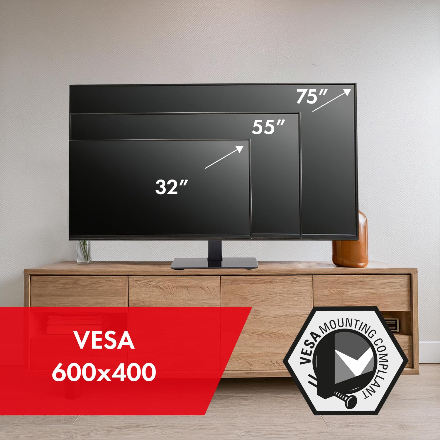 Maclean Universal TV-Ständer für für 32-75" Zoll Fernseher bis zu 40 kg | Höhenverstellbar in 3 Höhen | Max.VESA 600x400 mm | TV Standfuss Fernsehständer | Sockel aus gehärtetem Glas