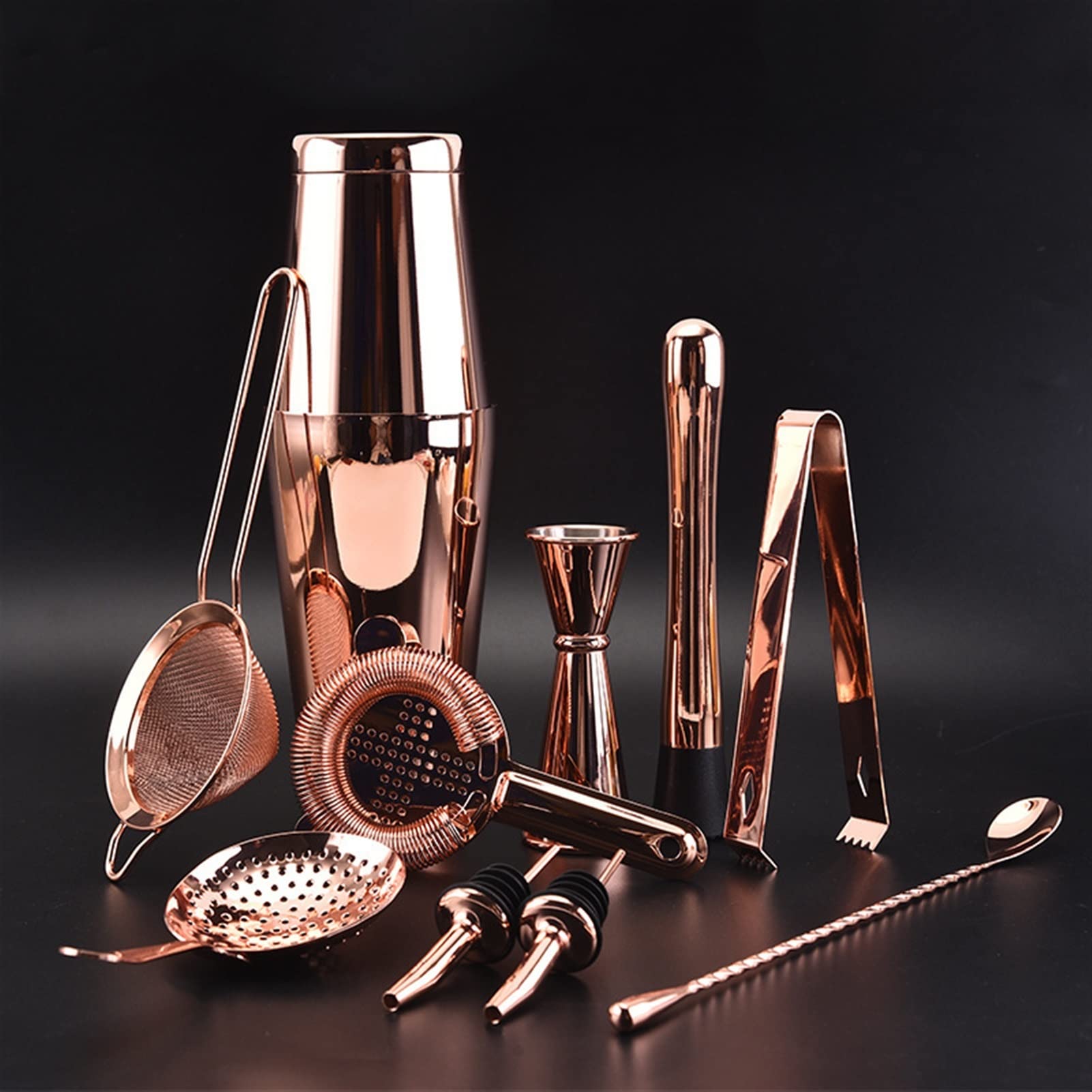 Utensilios de Cocina 11 Piezas Conjunto de coctelera Cóctel Boston Shaker Bartender Kit Coctelera ponderada Latas Colador Muddler Ice Tond Jigger Muddler Utensilios de Cocina (Color : Gold)