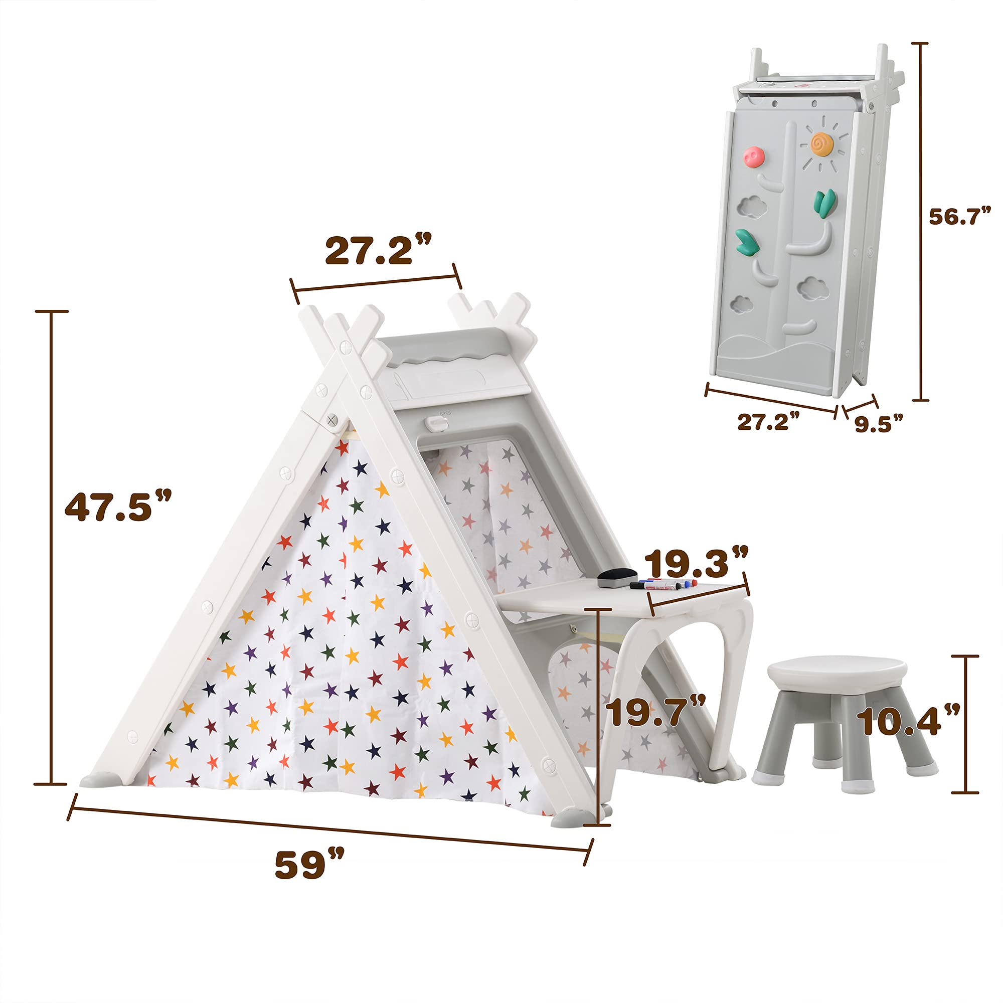 Kids Tent for Boys & Girls - 4 in 1 Teepee Tent with Stool, Climber, Board, Foldable Playhouse Tent Educate Toy (Gray)