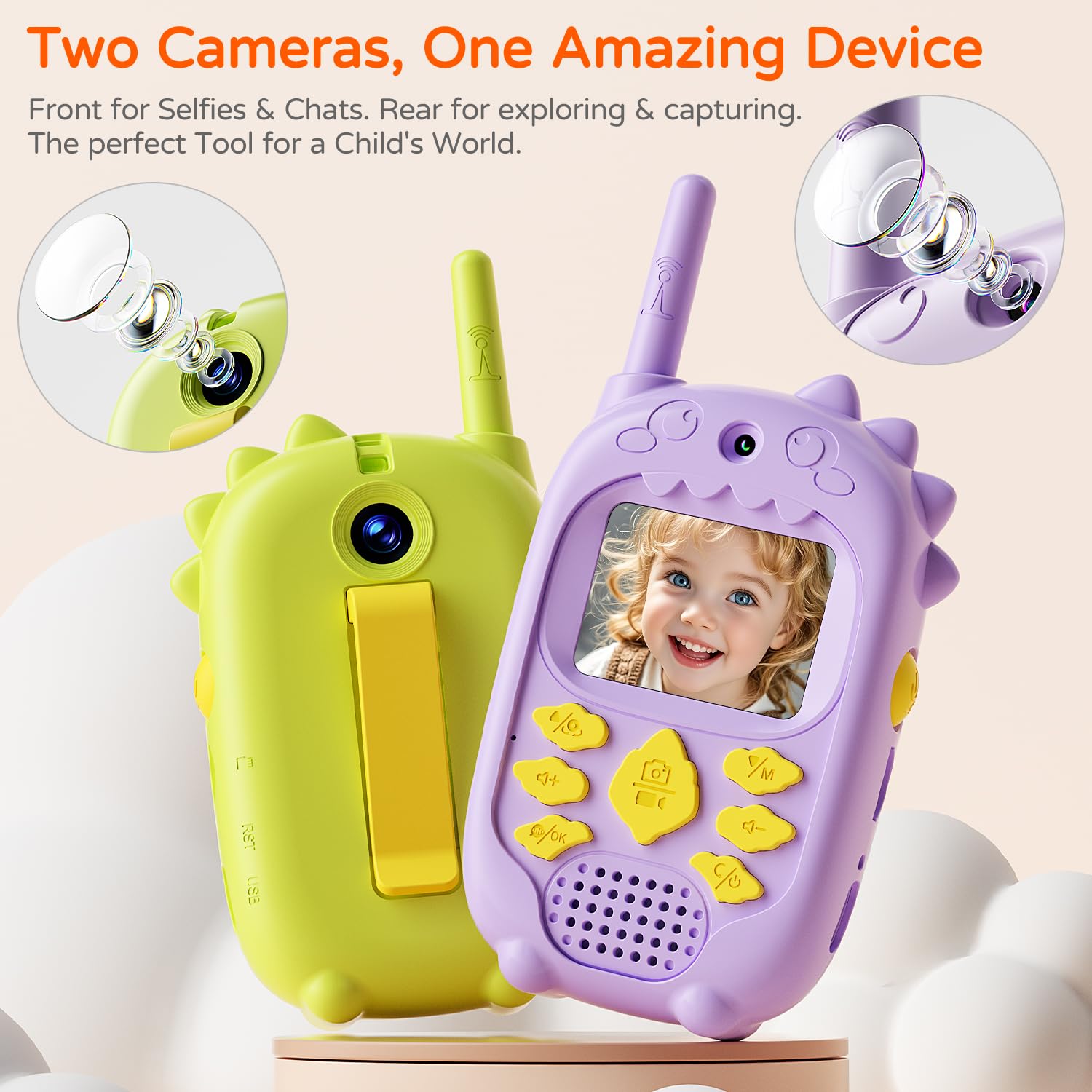 Walkie Talkie Video a Doppia Fotocamera per Bambini, Set da 2 Walkie Talkie per Ragazzi e Ragazze 3-12 Anni con Fotocamera Anteriore e Posteriore, Registrazione Foto/Video, Schermo, Batteria Ricaricab