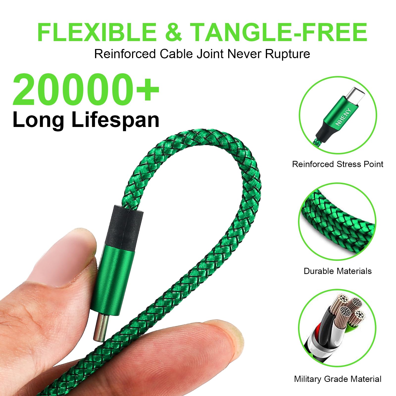 Cavo di ricarica di tipo C verde USB C Premium in nylon lucido intrecciato cavo di ricarica rapida, confezione da 4 pezzi, 3 m, 0,8 x 1,8 m, 0,9 m, per telefono serie 15/16 Plus, Note 10/S10, LG
