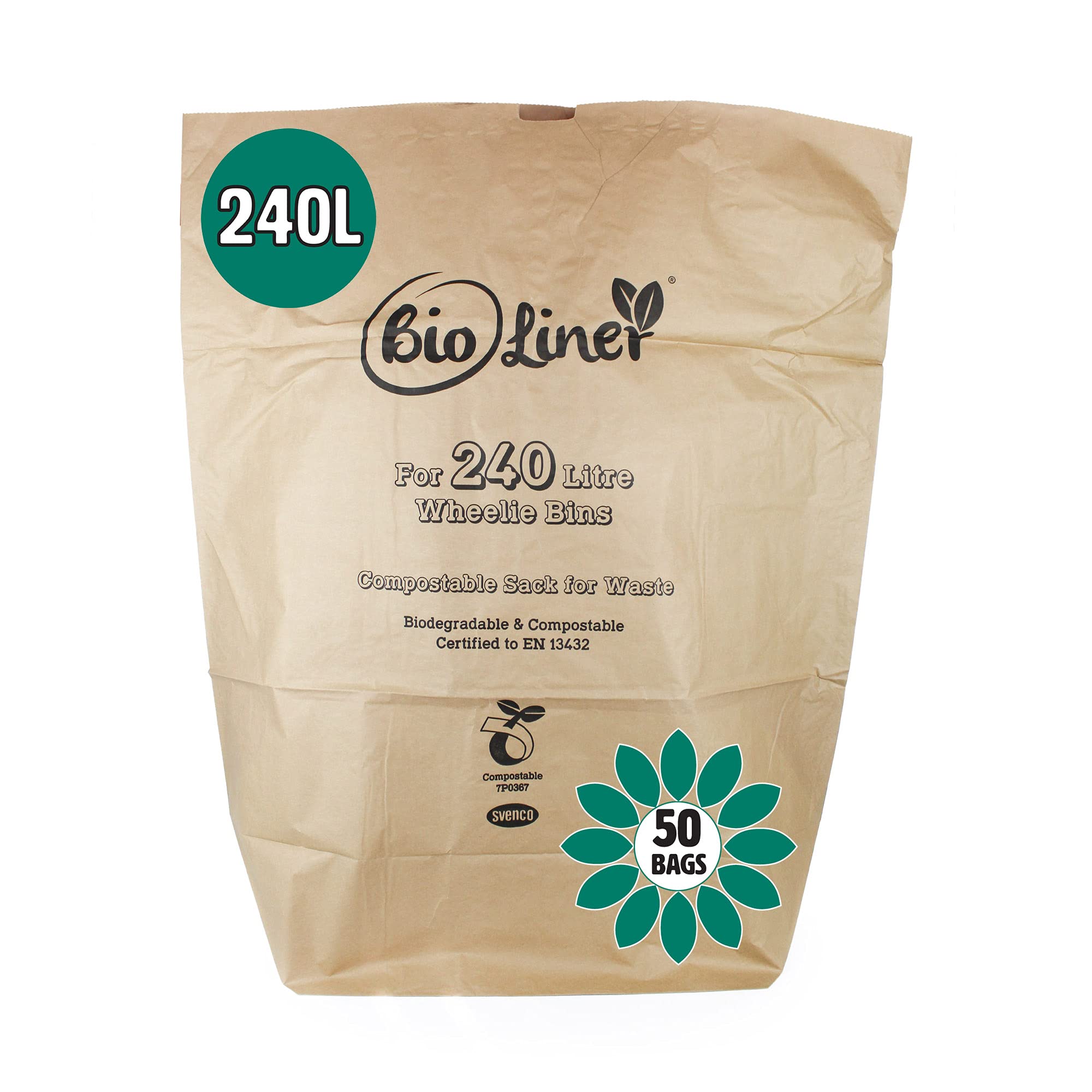 Ecosack Green 240 Litre X 50 Paper Compostable Wheelie Bin Liners - Biodegradable Sacks/Liners - Bioliner Eco Sack Bags With All- Composting Guide