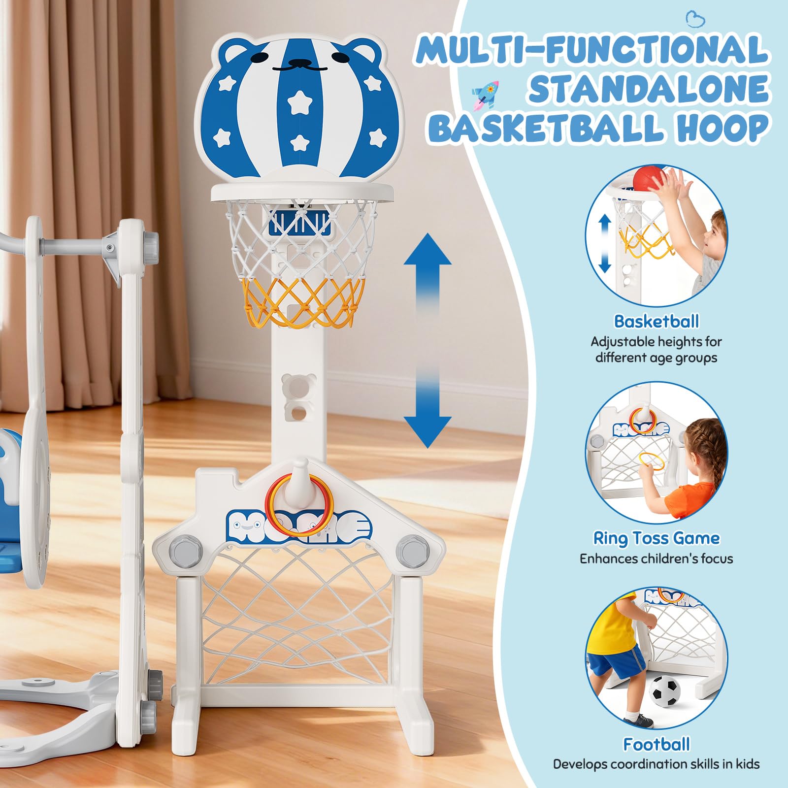 6 in 1 Scivolo Autoportante per Bambini Scivolo Giocattolo con Canestro da Basket e Altalena per Interni ed Esterni Bambini Scivolo da Giardino in Plastica PP e PE für 1 Jahr und Mehr