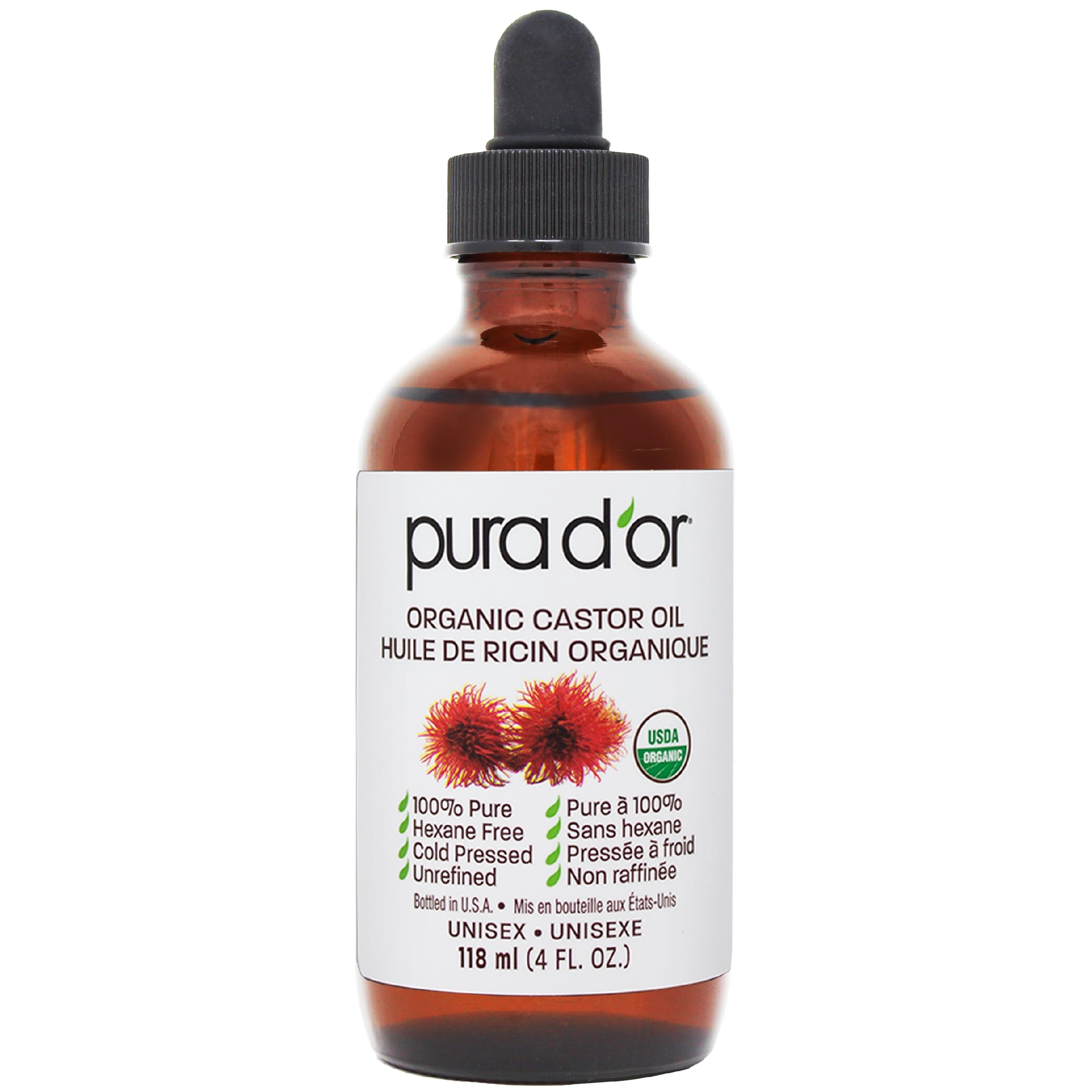 PURA D'OR Organic Castor Oil (118 ml) 100% Pure, Cold Pressed, Hexane Free Serum for Healthy Looking Lashes & Brows, and Moisturizes Skin